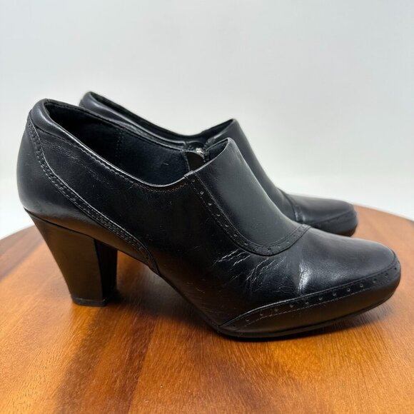 Clarks Black Leather Pumps Heels Size 8M Mika Sue Ankle Booties Artisan - Picture 1 of 13